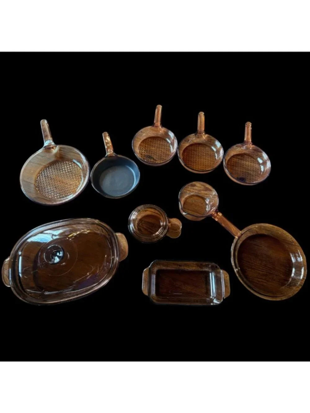Vintage 12 Pc Corning Ware Vision Pyrex Set Saucepans & Skillets Amber New